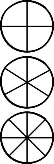 Circles split into 4, 6, and 8 segments to represent clocks.